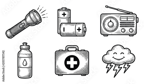 Set of hand-drawn emergency preparedness and survival equipment