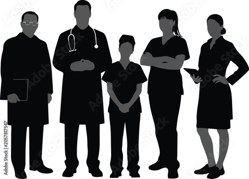 Group of medical professionals standing together silhouette with healthcare