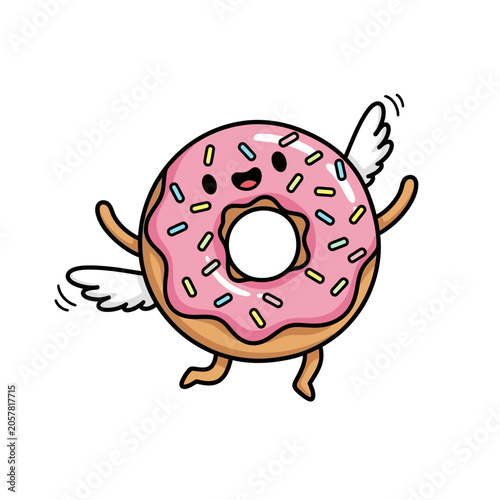Cartoon Donut with Wings and Happy Face.