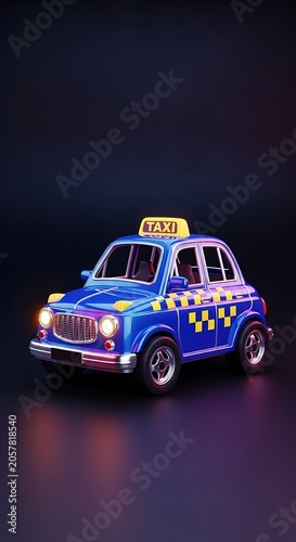 Blue and yellow rally car on dark background.