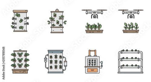 Photos Collection of icons representing modern agriculture technologies.