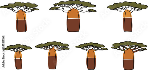 Fotografi Baobab Tree Set Flat Vector Illustration with Isolated Two Tone African Adansoni
