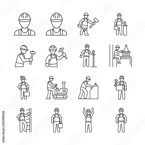 Collection of Construction Worker Line Art Icons.