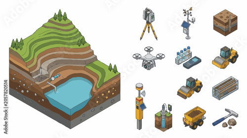 Quadro em tela Geological Survey and Construction Equipment Isometric Illustration
