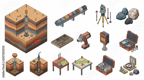 Foto Geological Survey Equipment and Cross Sectional Earth Layers.