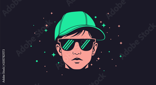 Colorful cartoon portrait with green cap and sunglasses.