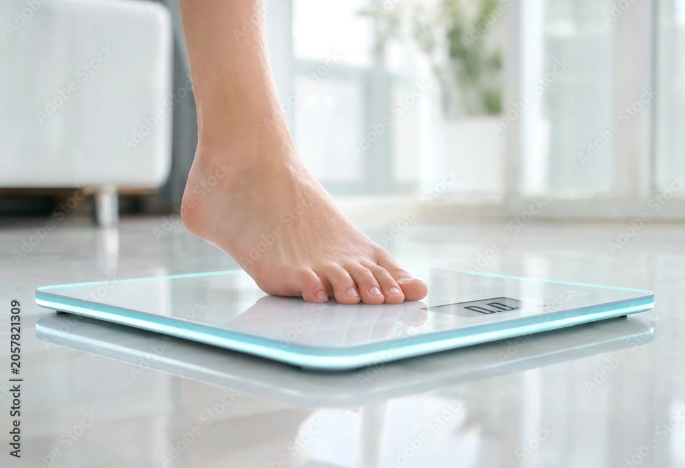 Fototapeta premium Bare feet standing on a digital bathroom scale in a bright minimalist room, symbolizing wellness, fitness, weight management, healthy lifestyle, and self-care.