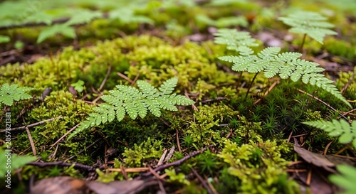 Fresh green fern leaves growing on soft mossy ground in a beautiful forest during a bright spring morning time
