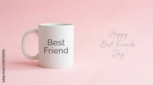 Minimalist white ceramic mug with Best Friend text, Happy Best Friends Day greeting on soft pink background, friendship gift concept