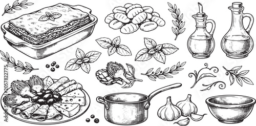 Vintage hand drawn italian cuisine and culinary ingredients sketch elements with ingredients vegetables potatoes saucepan