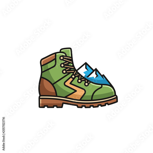 Colorful hiking boot with mountain and snow design.