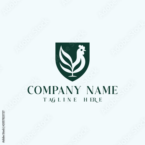 Minimalist rooster logo design featuring a stylized chicken integrated with leaf shapes inside a shield emblem