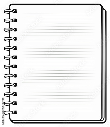 Blank spiral-bound lined notebook page, simple line art drawing for notes and writing