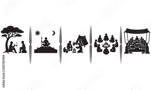 Black silhouettes of people in various social and communal activities  camping  sitting  eating  meditating  socializing