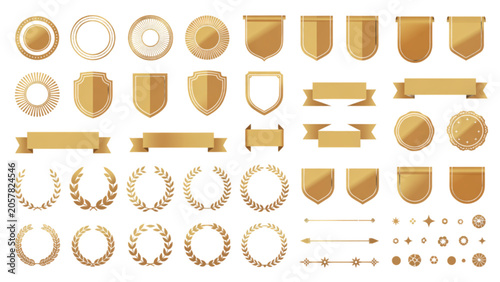 Set of golden vintage ribbons frames shields and laurel wreaths for badges and labels design elements in a classic style Vector