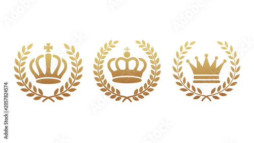 Three gold crown icons with laurel wreaths for royal emblems and luxury award logos Vector