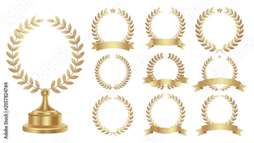 Set of golden laurel wreaths and trophy awards for victory and achievement isolated on a simple background Vector