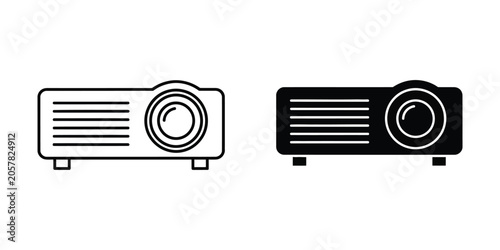 Digital projector outline and solid silhouette on white background for presentations and media