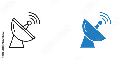 Satellite dish emitting signal waves in a clean modern line art and flat blue graphic representation