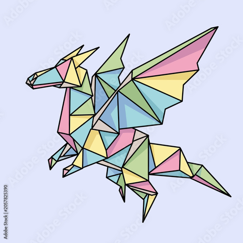 Colorful origami dragon with geometric paper design.
