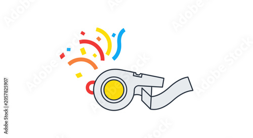 Colorful referee whistle with confetti celebration effect.