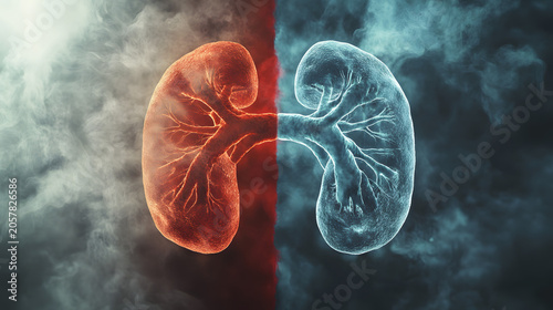 Detailed 3d medical illustration of human kidneys showing healthy and diseased states with glowing vascular structures in dark smoke background