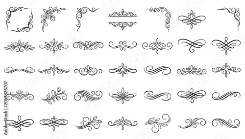 Set of decorative floral vector elements with vintage ornate borders, swirls, scrolls and calligraphic ornaments for elegant design use
