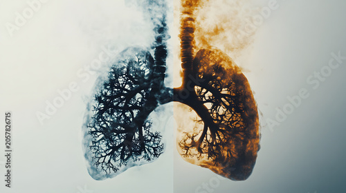Human lungs with contrasting healthy and damaged bronchial trees highlighting respiratory health and pollution effects in medical illustration style