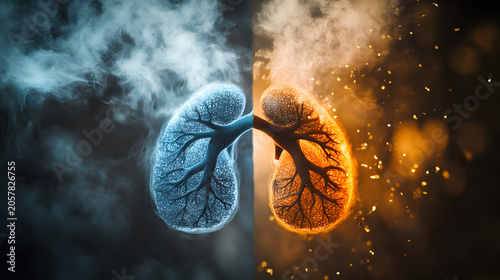 Dual 3d medical lung illustrations glowing in cool and warm tones with smoke and sparkling particles for health awareness campaigns
