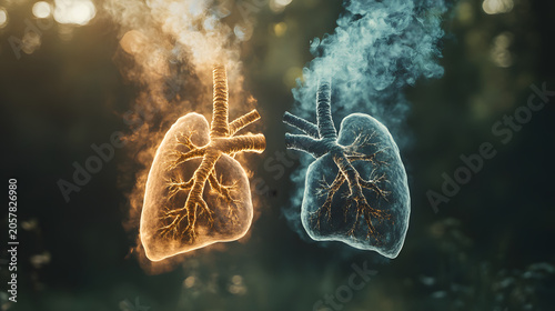3d medical illustration of human lungs with bronchial tree glowing in warm and cool contrast for health education
