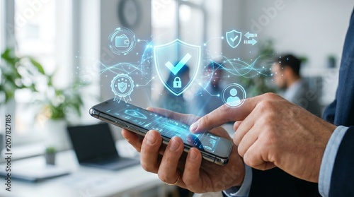 Business professional using smartphone with digital cloud technology icons in modern office setting