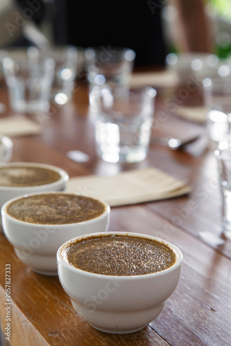 coffee cups prepared for the Q grader professional cupping session to evaluate aroma and flavor. Specialty coffee tasting setup in a cafe or roastery.