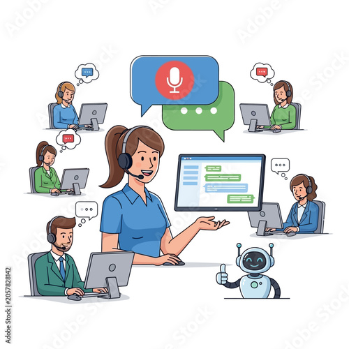 Customer support team assisting clients with chat and calls.