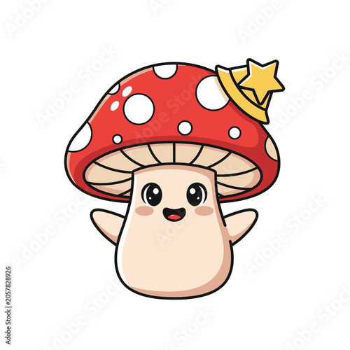 Cute cartoon mushroom with star crown and happy face.