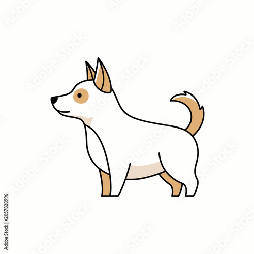 Cute cartoon white dog with brown ears standing.