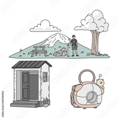 Cute illustration of shed mountain hiker and handbag.