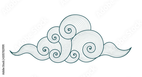 Decorative cloud illustration features intricate spiral patterns and fine lines reminiscent of traditional vintage engraving styles.