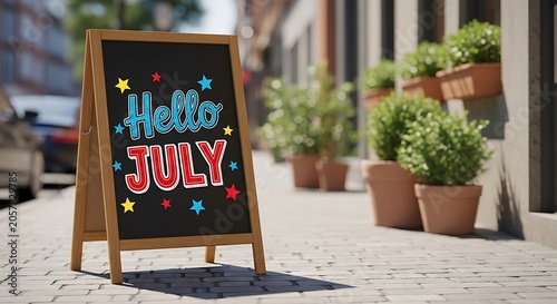 A sidewalk with a chalkboard sign that says hello july with stars