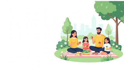 Happy family having picnic in park with city skyline