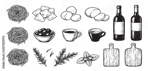 Set of hand drawn italian food illustrations for restaurant menu and kitchen design with ingredients illustration culinary