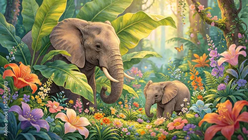 Fototapeta na wymiar Elephant Family in Lush Jungle