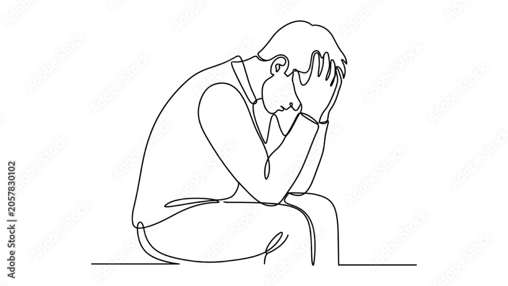 Fototapeta premium Depressed Young Man Continuous One Line Drawing Stress Anxiety Mental Health Vector Illustration