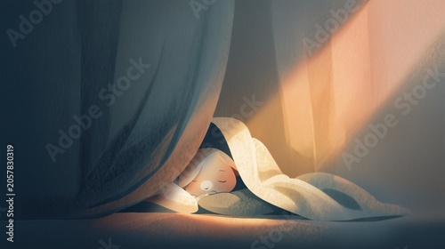 Small sleeping character sheltered beneath blanket in soft light. AI-generated.