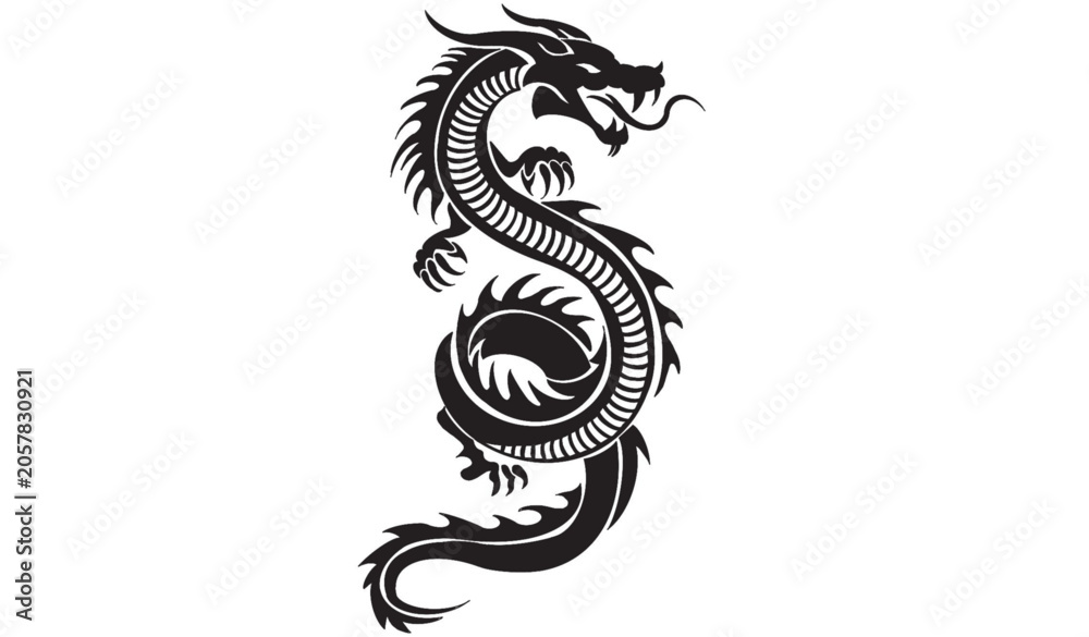 Fototapeta premium Traditional black silhouette of a powerful Chinese dragon isolated on a white background