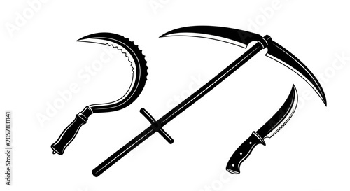 Bild auf Leinwand Three black silhouettes of weapons scythe sickle and knife on white background
