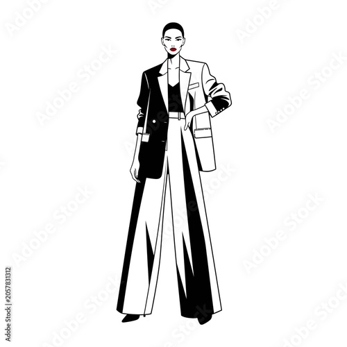 Elegant woman in wide leg pants and long blazer illustration.