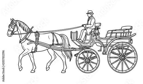 Foto Detailed vintage style line art illustration of a horse-drawn carriage with a dr