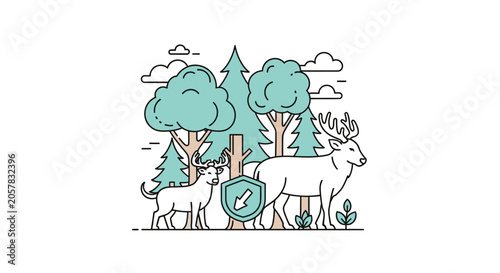 Forest scene with deer and trees illustration.