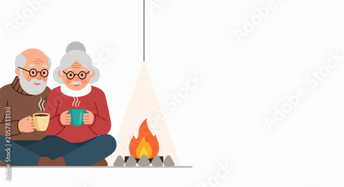 Elderly couple vector illustration holding hot mugs of tea near fireplace. Senior citizens vector design features cozy home atmosphere. Warm vector concept for family greeting card.