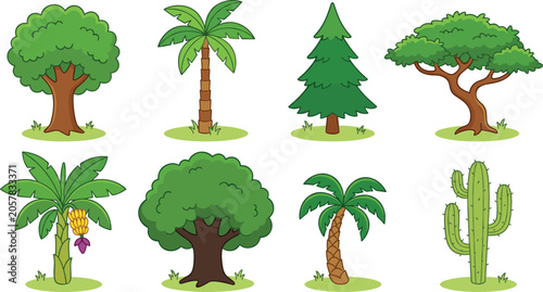 Green Tree and Cactus Vector Element Set with Palm, Pine, Banana, Oak, and Saguaro Plant Icons for Nature and Landscape Graphic Designs